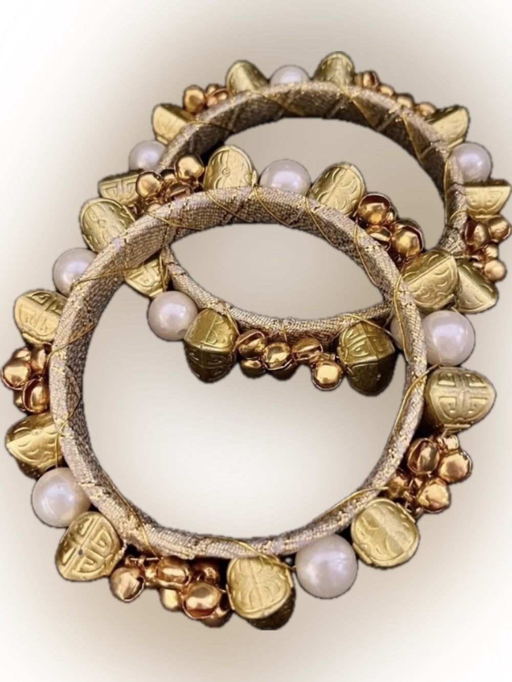 Vintage Gold Tone Ethnic Bangle Bracelets - Statement Faux Pearls & Bells